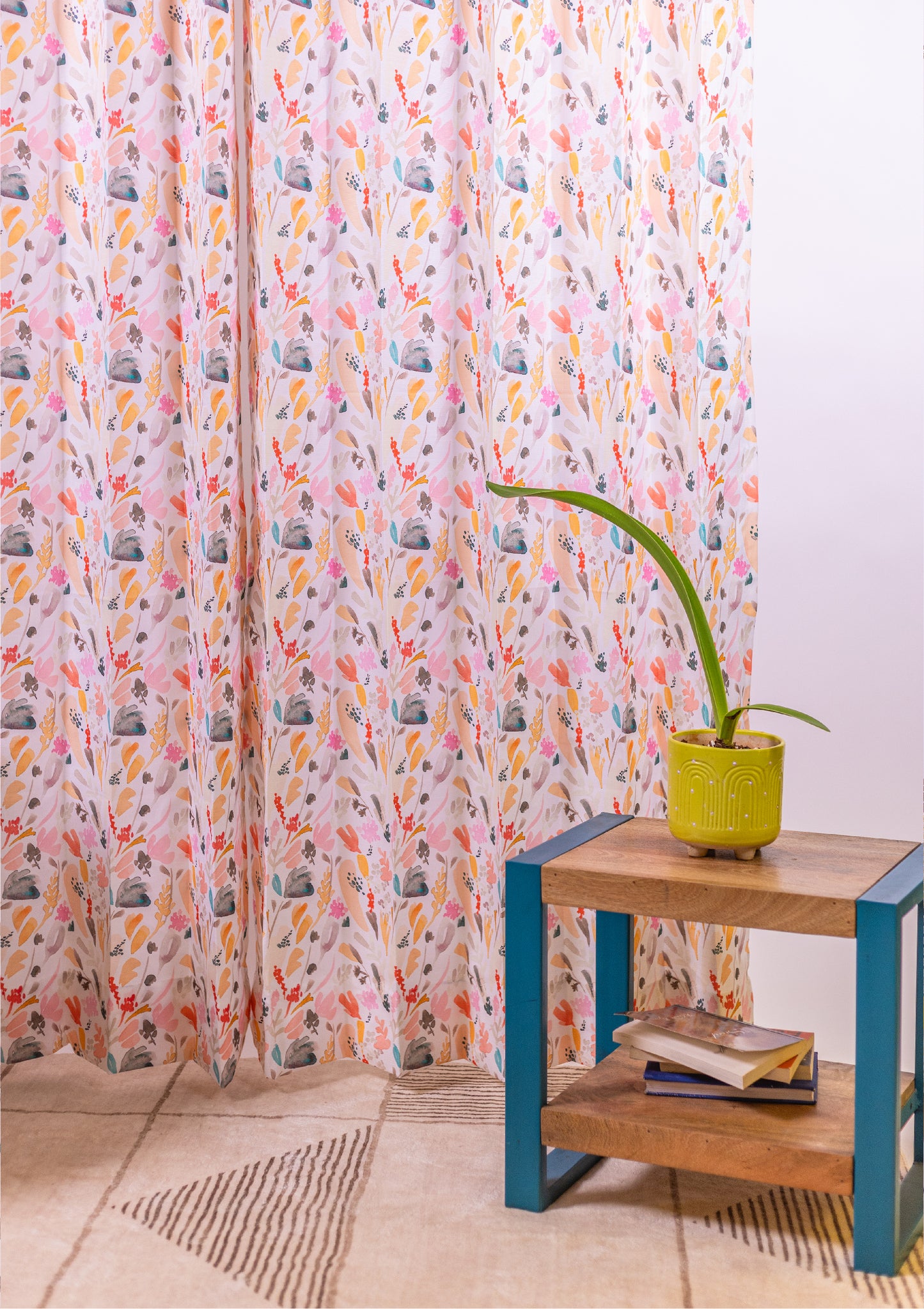 Peach Color Curtain Watercolor Design Leaf Print Curtain for Doors, Curtain for Window Polyester Curtain Fabric