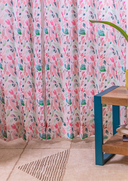 Pink Color Curtain Watercolor Design Leaf Print Curtain for Doors, Curtain for Window Polyester Curtain Fabric