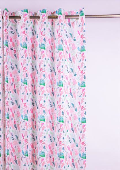 Pink Color Curtain Watercolor Design Leaf Print Curtain for Doors, Curtain for Window Polyester Curtain Fabric