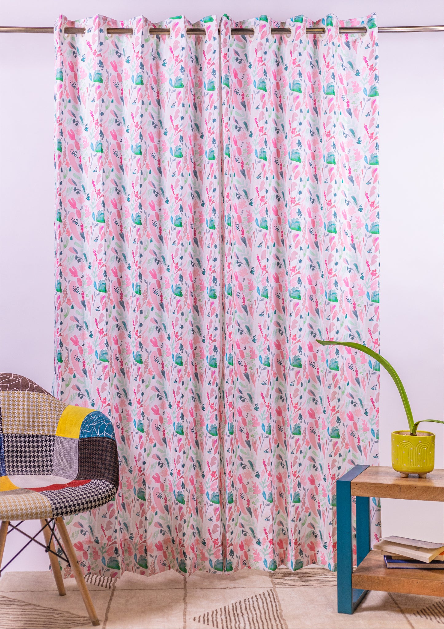 Pink Color Curtain Watercolor Design Leaf Print Curtain for Doors, Curtain for Window Polyester Curtain Fabric