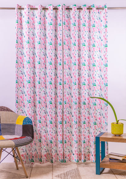 Pink Color Curtain Watercolor Design Leaf Print Curtain for Doors, Curtain for Window Polyester Curtain Fabric