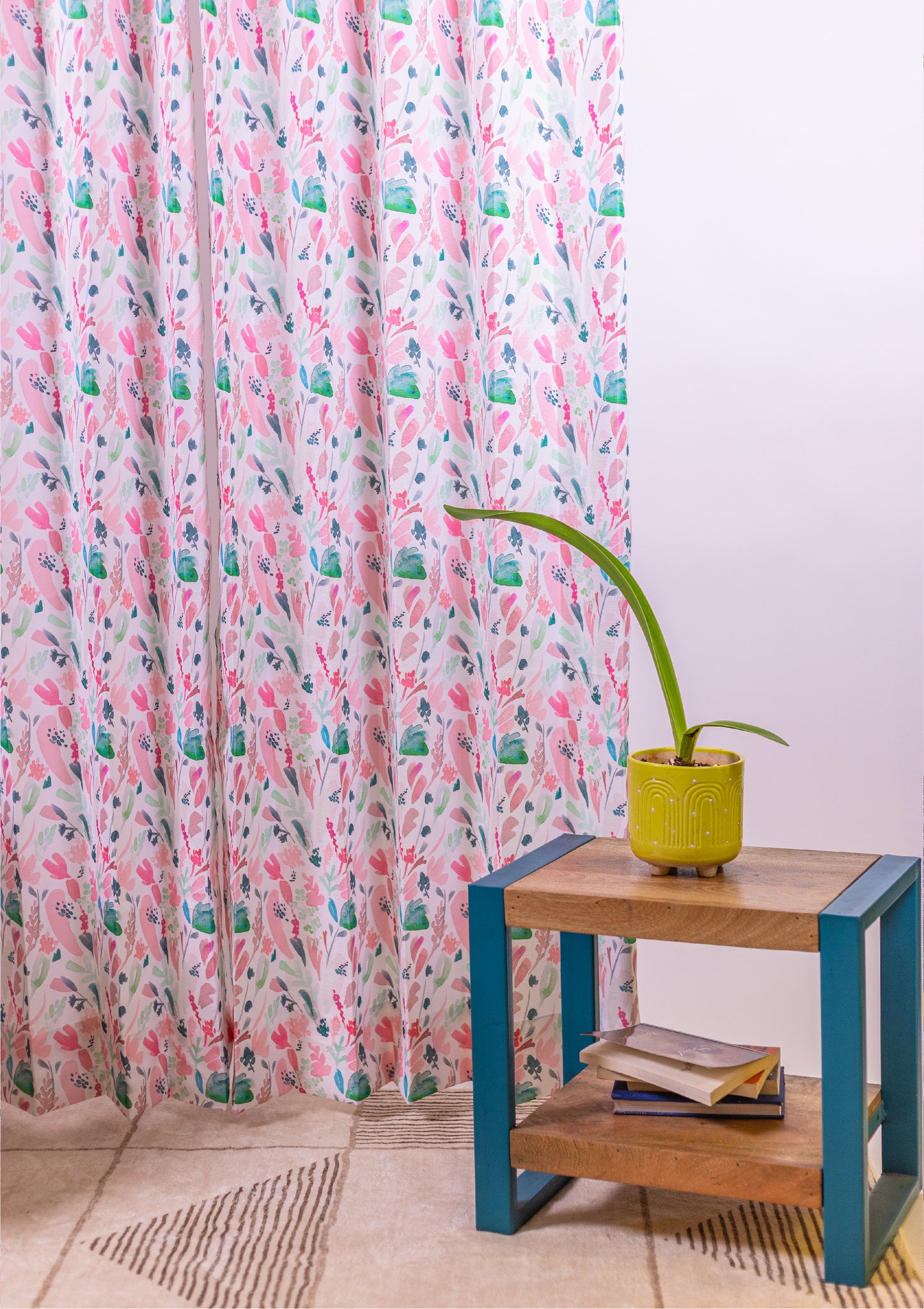 Pink Color Curtain Watercolor Design Leaf Print Curtain for Doors, Curtain for Window Polyester Curtain Fabric