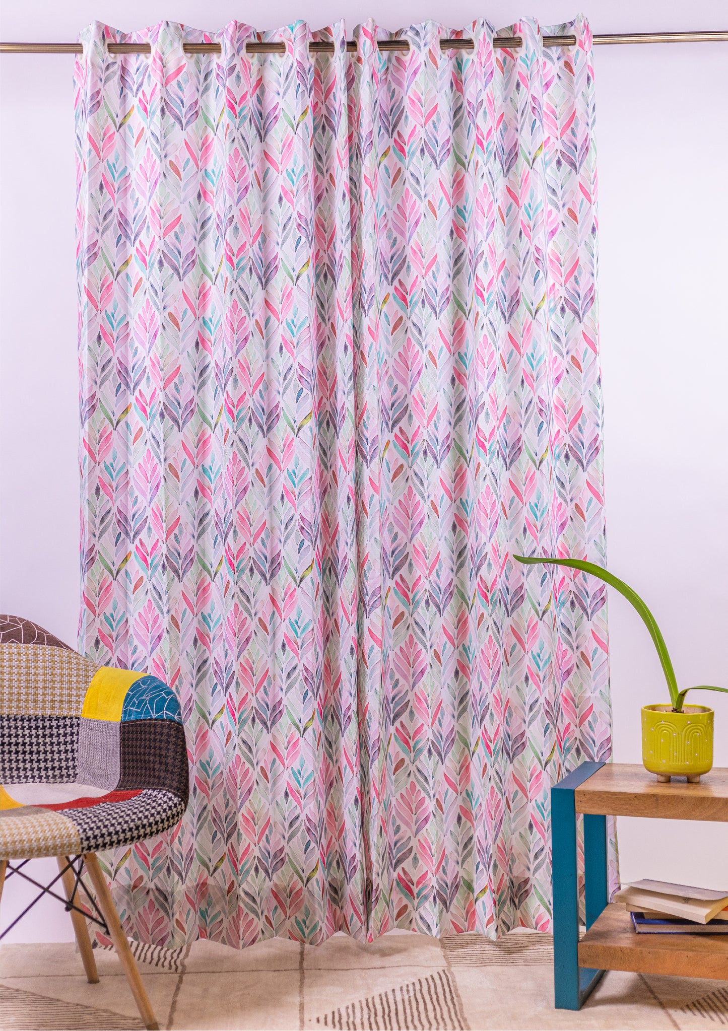 Pink Color Curtain Watercolor Design Petals Print Curtain for Doors, Curtain for Window Polyester Curtain Fabric