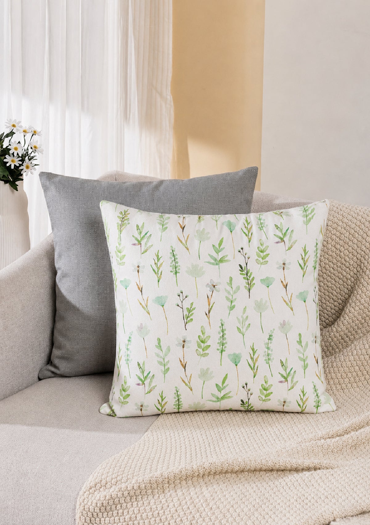 Pastel Green Leaf and Flower Printed Cushion Cover for Sofa and Bed