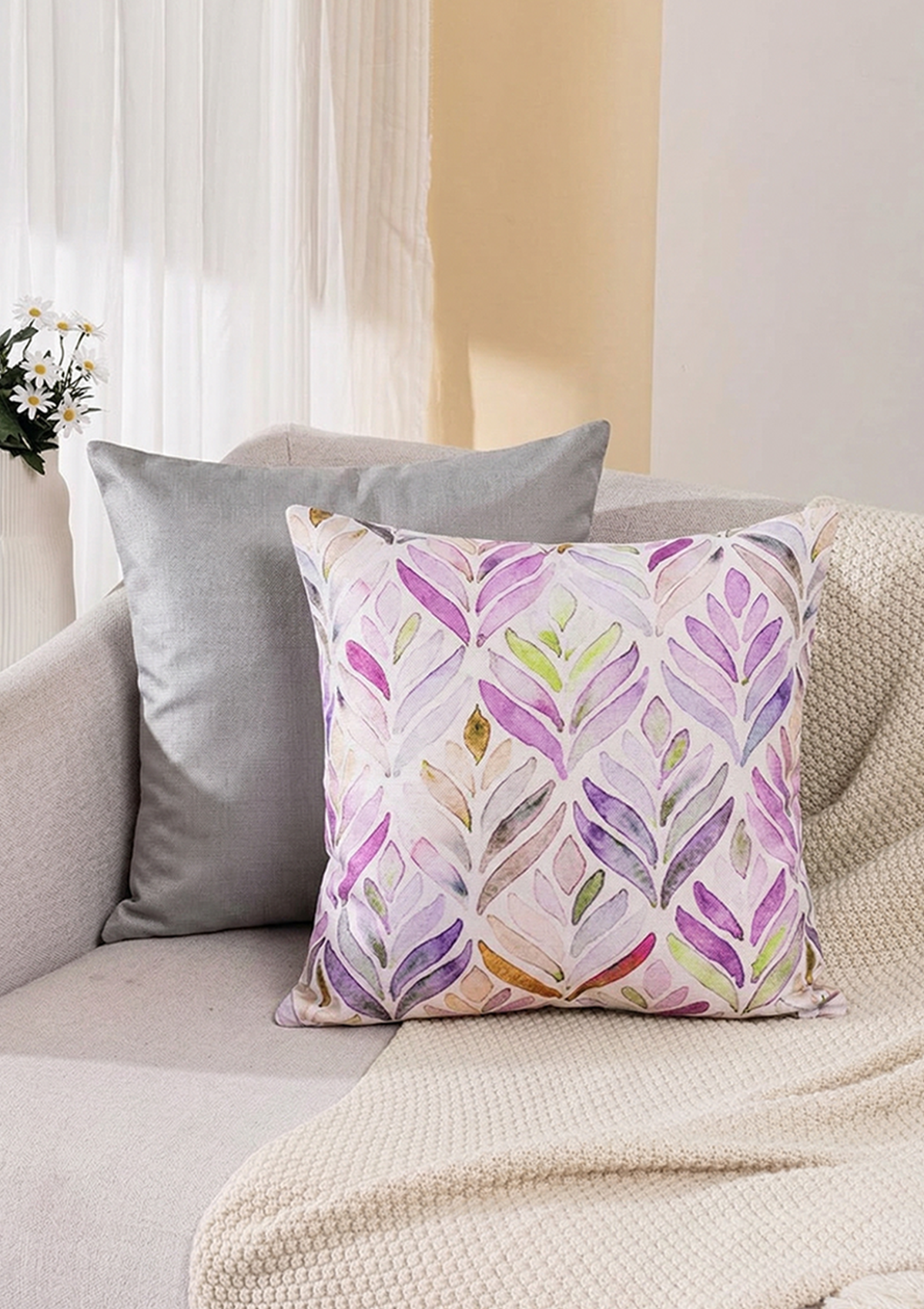 Purple Watercolor Leaf Printed Cushion Cover for Living Room