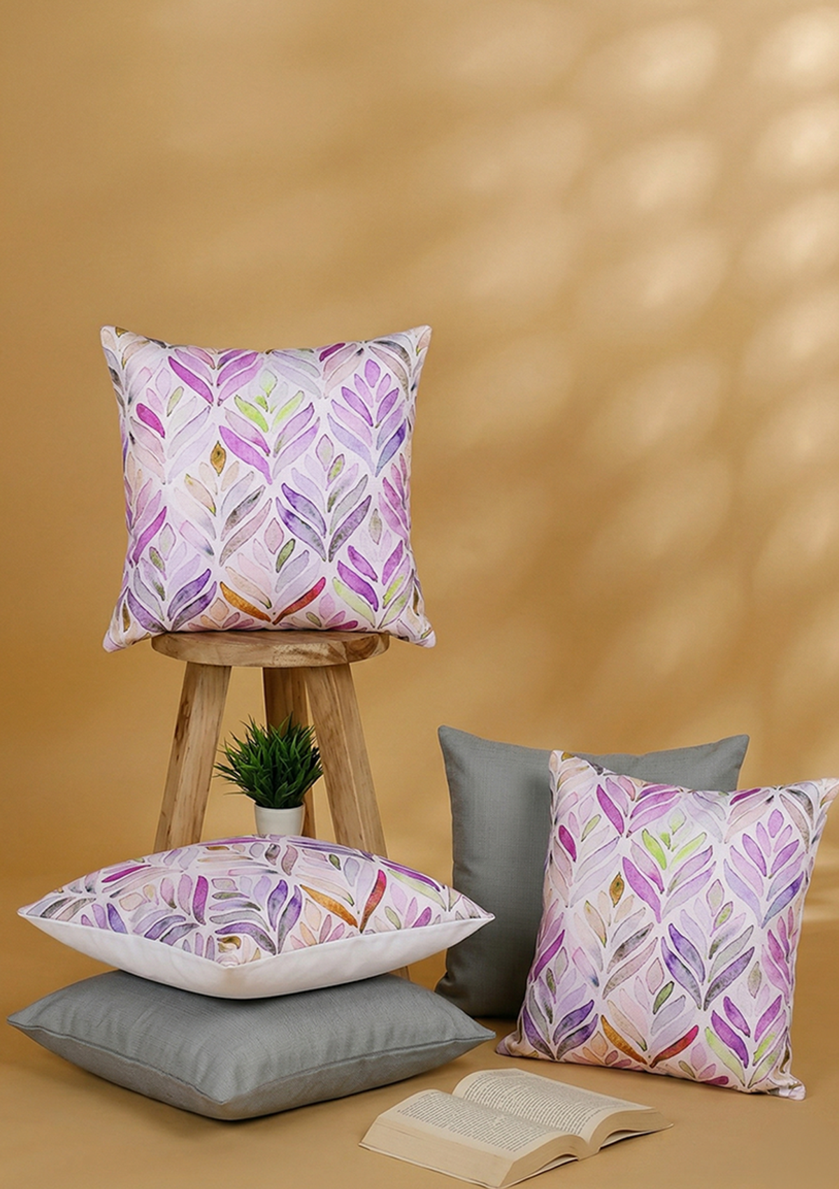 Purple Watercolor Leaf Printed Cushion Cover for Living Room