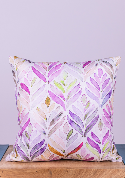 Purple Watercolor Leaf Printed Cushion Cover for Living Room