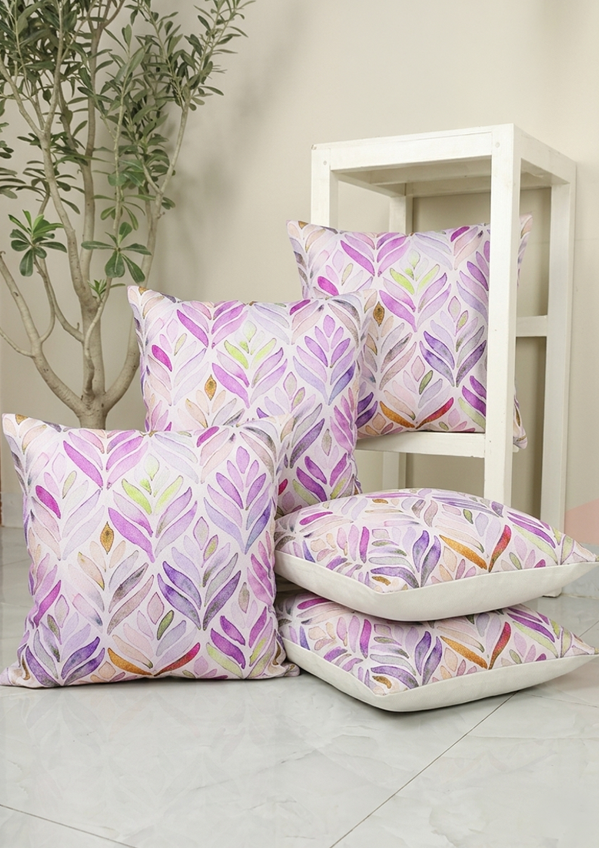 Purple Watercolor Leaf Printed Cushion Cover for Living Room