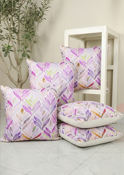 Purple Watercolor Leaf Printed Cushion Cover for Living Room