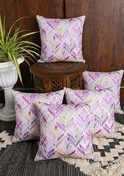 Purple Watercolor Leaf Printed Cushion Cover for Living Room