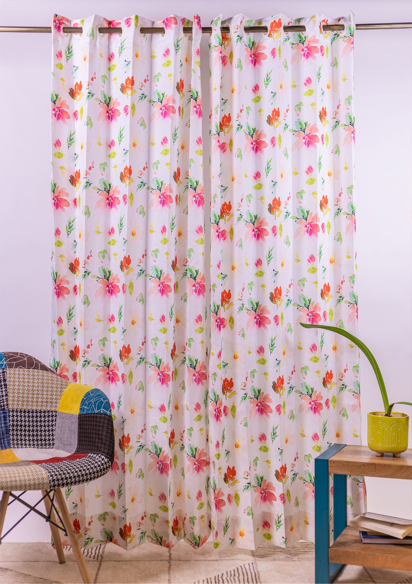 Red Color Curtain Watercolor Design Flower Print Curtain for Doors, Curtain for Window Polyester Curtain Fabric