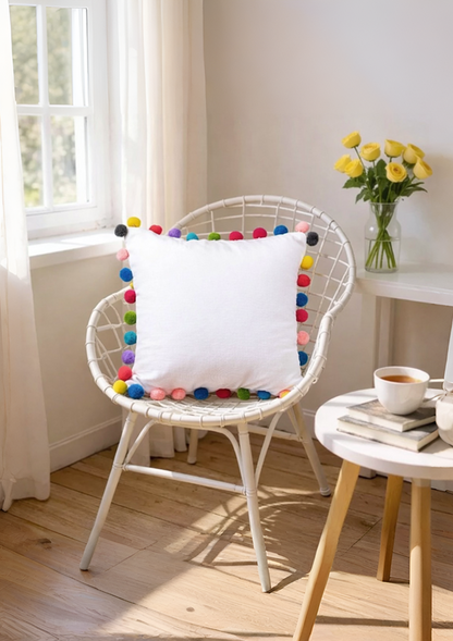 White Pom Pom Cushion Cover for Modern Living Room