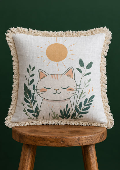 Boho Kitty Printed Lace Cushion Cover for Modern Decor