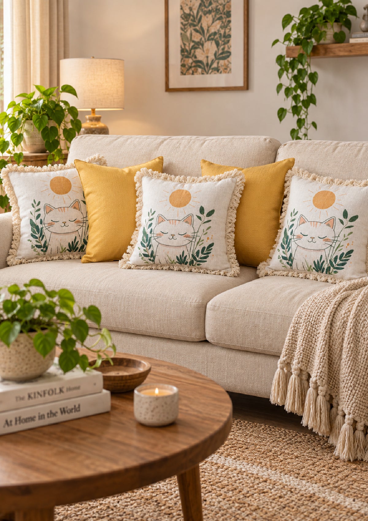 Boho Kitty Printed Lace Cushion Cover for Modern Decor
