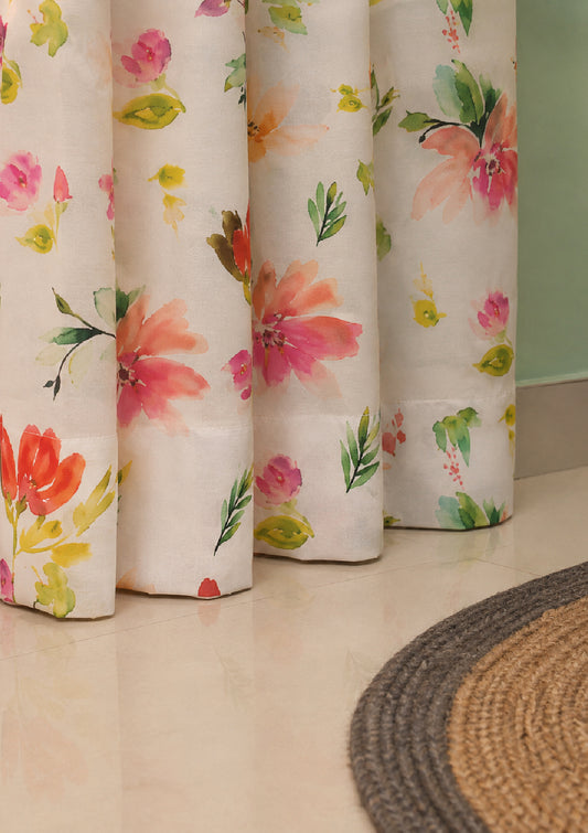 Red Color Curtain Watercolor Design Flower Print Curtain for Doors, Curtain for Window Polyester Curtain Fabric