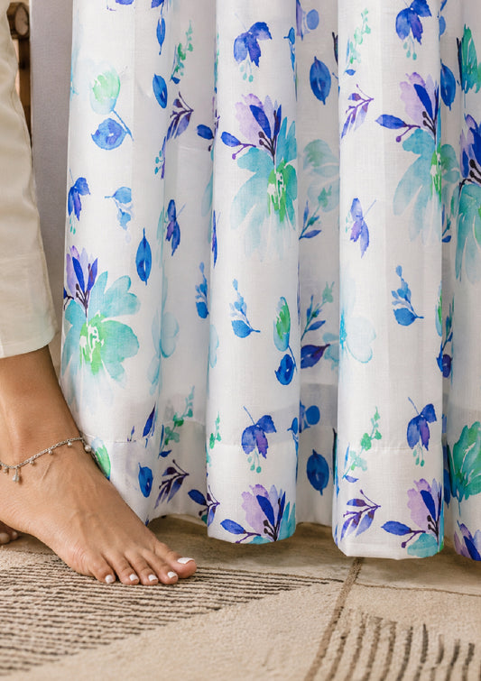 Blue Color Curtain Watercolor Design Flower Print Curtain for Doors, Curtain for Window Polyester Curtain Fabric