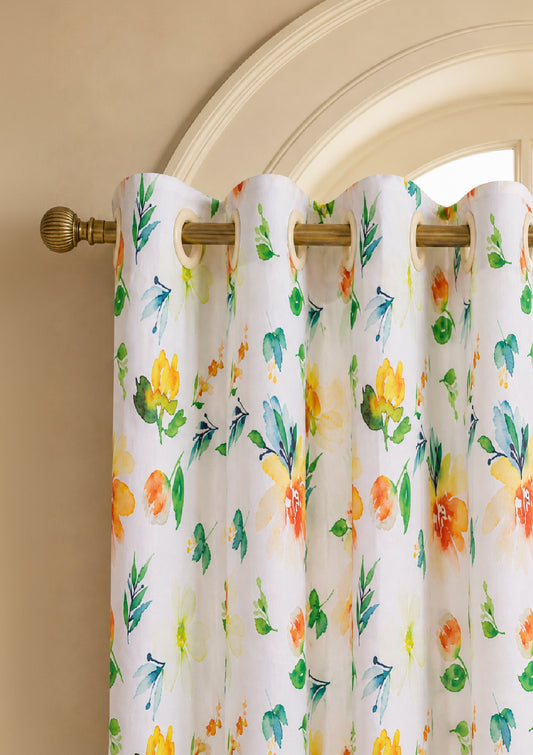Green Color Curtain Watercolor Design Flower Print Curtain for Doors, Curtain for Window Polyester Curtain Fabric (Pack Of 1)